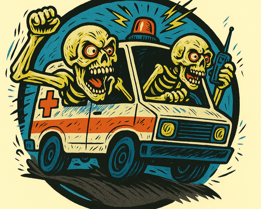 Promotional graphic with skeletons in an ambulance and text offering a discount on graphic tees and cutoffs.